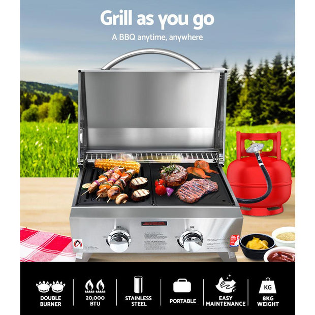 Grillz Portable Gas BBQ Grill 2 Burners with 2 Plates